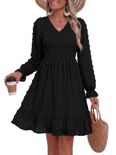 BTFBM Women's Swiss Dot Flowy Long Sleeve Dress,Black,M | Casual V Neck,Smocked,Lightweight,Chiffon,Ruffle,Wedding,Maternity,Mini Baby Shower Dresses,Vacation Outfits,Fall Fashion