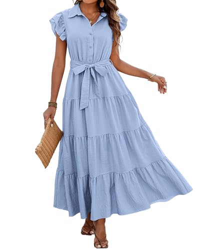 dowerme Women Ruffle Sleeve Button Belted Boho Maxi Dress,Sky Blue,L