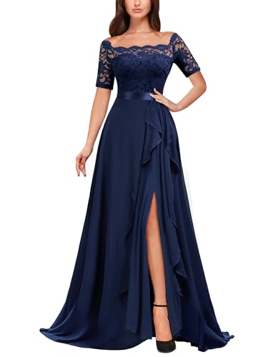 MIUSOL Women's Off Shoulder Floral Lace High Split Chiffon Bridesmaid Gown | Short floral lace sleeves, satin waistband, side layered ruffle, chiffon dress for wedding guest, evening party