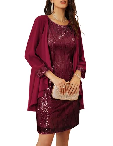 Sequin Dress for Women Party Night Mother of the Bride Dress Elegant Wine Red M