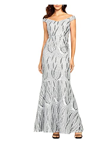 Aidan Mattox Womens Silver Sequined Embroidered Trumpet Gown Sleeveless Off Shoulder Maxi Formal Dress 2