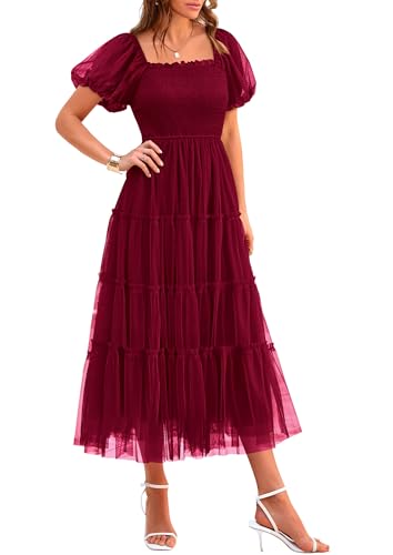 PRETTYGARDEN Women's Summer Smocked Midi Tulle Dress, Wine Red,M | Lightweight Flowy Mesh, Puffy Short Sleeves, Square Neck, Elegant Dresses for Wedding Guest, Homecoming Party & Baby Shower