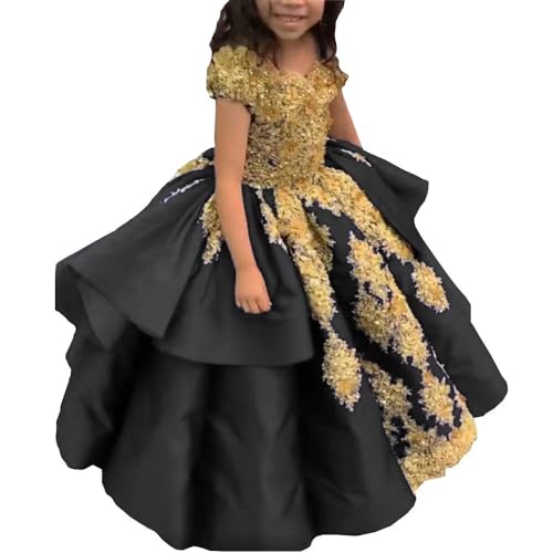 Ball Gown First Communion Dresses Gold Applique Hand Made Flowers Party Dress Teens Girls Black/Gold 4