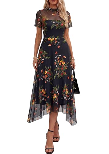 PRETTYGARDEN Women's Floral Mesh Midi Dress,Floral Black Yellow,XXL