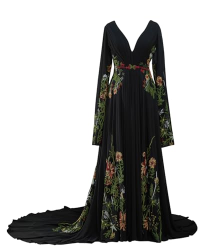 Lxhome Women Boho Floral Wedding Dress Long Sleeve Black Size 18