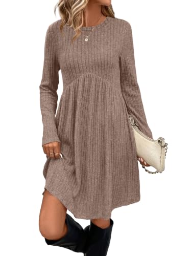 OFEEFAN Long Sleeve Dress for Women Sweater Dresses Crew Neck Empire Waist Fall Dress Tunics Maternity Dresses with Pockets Khaki S