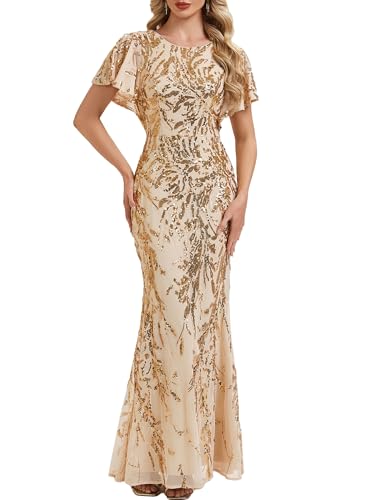 Ever-Pretty Round Neck Sequin Formal Dresses for Women Short Sleeves Mermaid Evening Gowns Mother of Bride Dress Gold US8