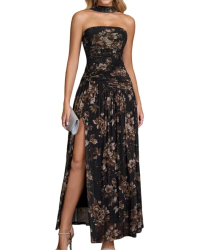 GLNEGE Halter Tube Top Strapless Formal Wedding Guest Cocktail Maxi Dress | Women's Ruched Pleated Mesh Slit Long Dress Elegant Evening Prom Bridal Shower Floral High Waist Dress