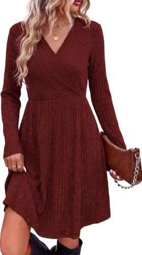 WIHOLL Plus Size Casual Fall Cocktail Wedding Guest Holiday Dress Wine 2XL