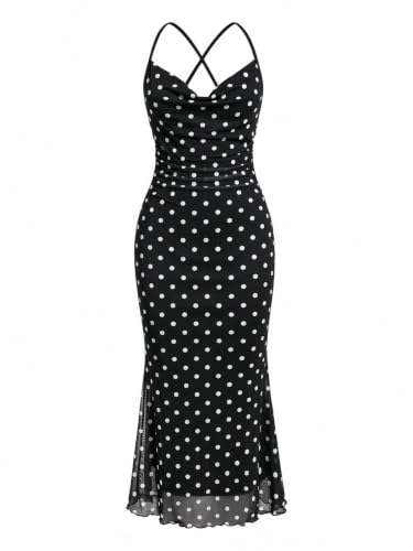SOLY HUX Women's Polka Dots Halter Bodycon Maxi Dress Cowl Neck Fishtail Cocktail Evening Dresses Black and White X-Large