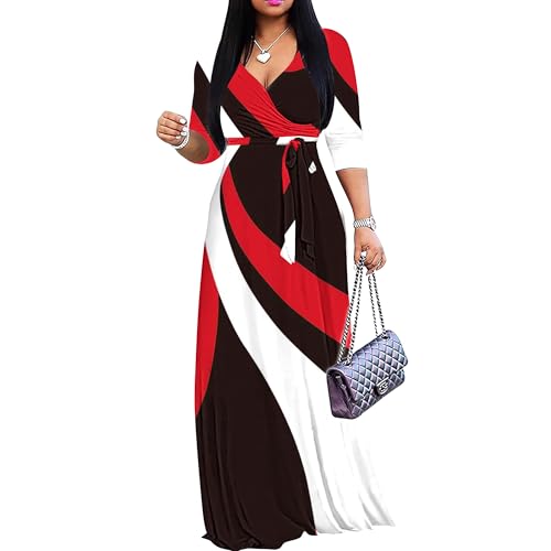FANDEE Plus Size Maxi Dress for Women Casual Summer Sundress V-Neck 3/4 Sleeve(002-red & Black Stripes,X-Large)