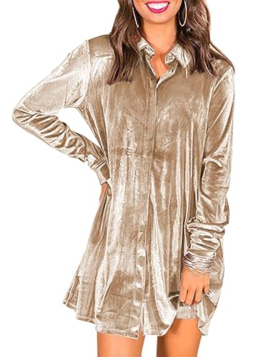 Cicy Bell Women Velvet Button Down Tshirt Dresses Long Sleeve Mini Dress