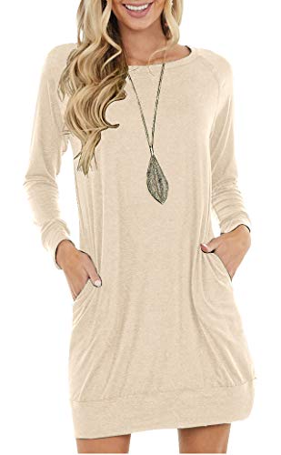 PrinStory Women's Casual Sweater Dresses Fall Winter Crewneck Loose Fit Basic Pullover Tunic Dress with Side Pockets for Work & Weekend Variegated Beige L