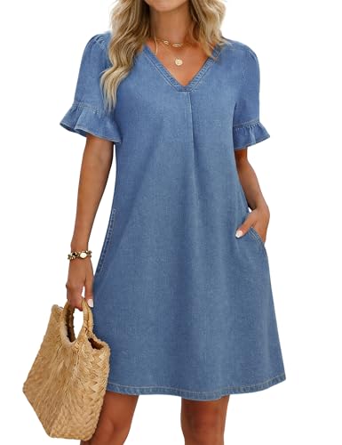 POTILI Women's Denim Dress Ruffle Sleeve Jean Mini Dress with Pockets