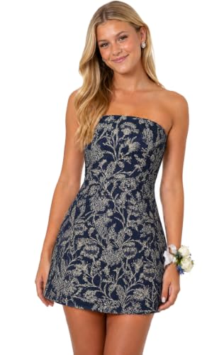 Lanbaodress Strapless Homecoming Dresses for Teens 2026 Short Floral A Line Cocktail Mini Party Dress with Slit Navy Size 2