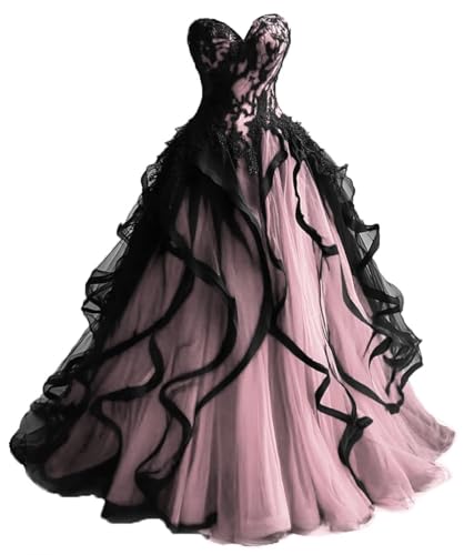 Sweetheart Gothic Black Ruffles Prom Wedding Dress Quinceanera Long Pink 2