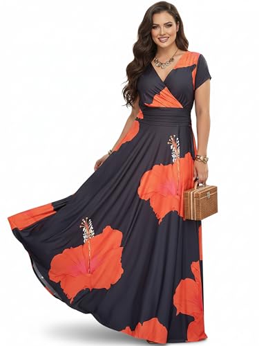 KOH KOH Womens Long Flowy A-line Modest V-Neck Short Cap Sleeve Casual Floral Hibiscus Flower Hawaiian Print Spring Summer Maternity Tall Maxi Dress Gown, Black and Orange L 12-14