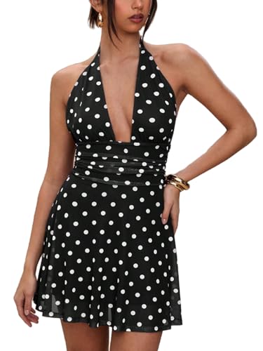 Milumia Women's Polka Dots Halter Mini Dress Sexy Deep V Neck Short Dresses | Date Night Dress, Going Out Outfits, Country Concert, A Line, Cocktail, Party Club, Summer, Fall, Black, Small