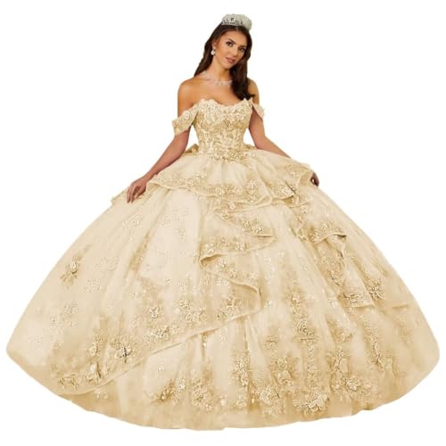DXUOPL Lace Applique Quinceanera Dresses Sweetheart 15 Dress Size 12 | Champagne Off Shoulder Tulle Ball Gown, Sparkly Beaded Sweet 16 Dresses, Elegant Layered 15 Dresses, Pageant Contests