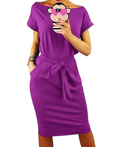 PRETTYGARDEN Women's Summer Short Sleeve Crewneck Striped Dress Basic Solid Tie Waist Office T Shirt Dresses Pockets(Solid Purple,X-Large)