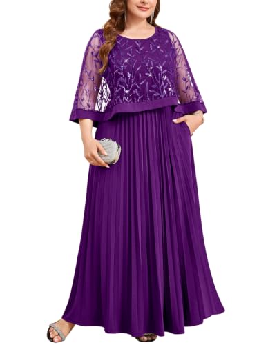 Plus Size Sparkly Formal Dress Sequin Cape Evening Gown Pockets A Line Mother of Bride Gala Wedding Guest Prom, Dark Purple, 2X