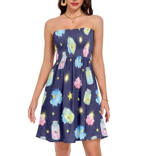 VIGTRO Fireflies Jars Clouds Stars Strapless Dress for Women Smocked Tube Top Dress Summer Casual A-Line Sundress for Beach Vacation Party Size M