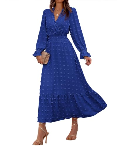 BTFBM Women Fall Maxi Dresses 2026 Swiss Dots Wedding Guest Dress | Casual Long Sleeve Dresses,V Neck,Solid, High Waisted,Wrap,A-Line, Ruffle, Boho Long Dress Vacation Outfits,Fall Clothing