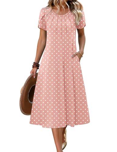Zeagoo Summer Dresses for Women Casual Flowy Dresses Polka Dot A Line Midi Dress 2026 Casual Pleated Sundress, Pink Dot M