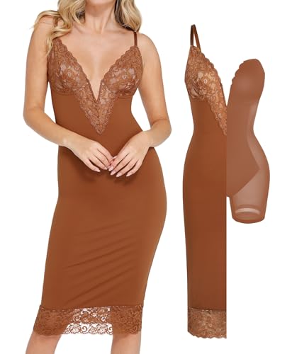 Popilush Shapewear Midi Dress V Neck Sleeveless Brown Formal Dress L