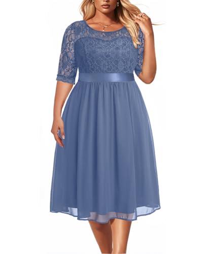 Plus Size Wedding Guest Dress Haze Blue Lace Chiffon Half Sleeve Dress