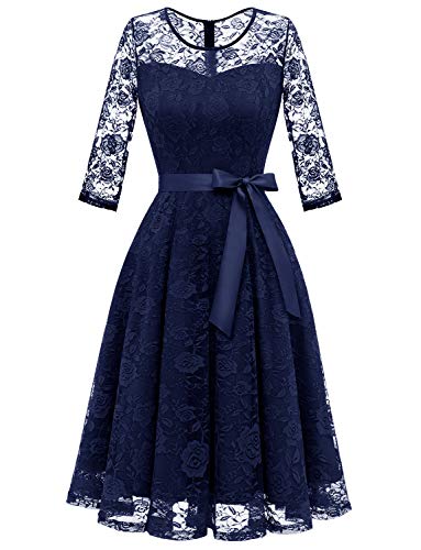 Dressystar DS0017 Women's Elegant Floral Lace Dress 3/4 Sleeves Bridesmaid Dresses with Illusion Neckline Navy M