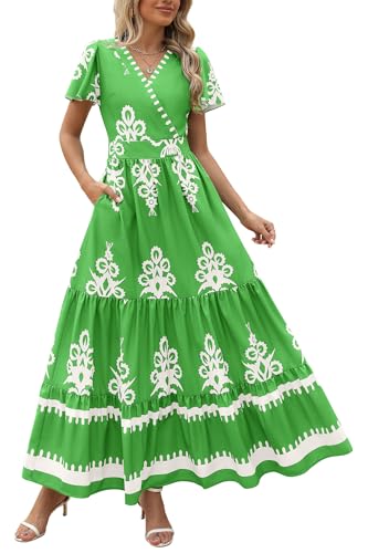 PRETTYGARDEN Womens Floral Boho Maxi Dress,Floral Green White,M
