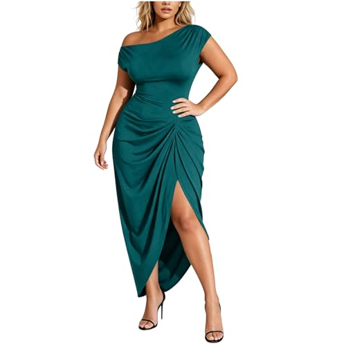 Womens Sexy Plus Size One Off Shoulder Sleeveless Bodycon Ruched Slit Evening Pencil Party Maxi Wedding Guest Dress Army Green