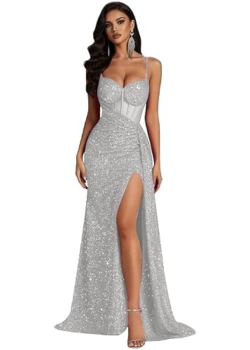 Lekessid Plus Size Prom Dresses with Slit Sequin Corset Long Ball Gowns 16W