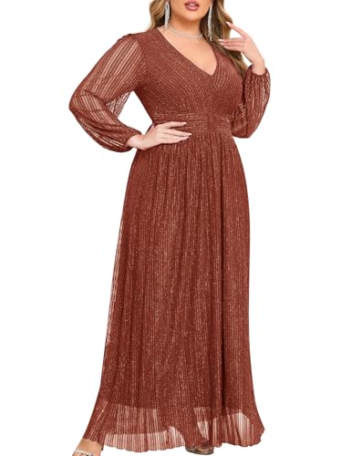 ZOMVA Plus Size Maxi Formal Dress Sparkly V-Neck A-line Puff Sleeves Evening Gown Cocktail Prom Lace, Orange Brown, 3X