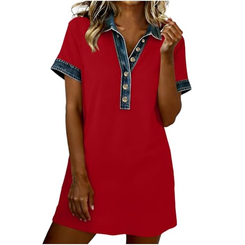 Lmdudan Women's Denim Patchwork Mini Dress Short Sleeve Collared Button Dresses Loose Fit Trendy T Shirt Mini Dress 2026