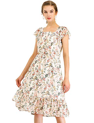 Allegra K Womens Midi Floral Chiffon Dresses Flutter Sleeve Ruffled Dress