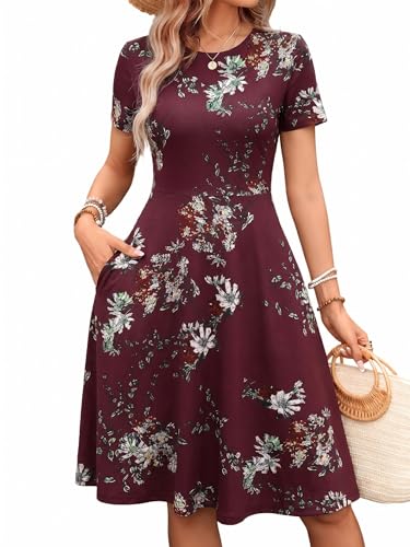 Vintage Flower Print Dress with Pockets for Women 2026 Summer Flowy Fit and Flare Work Party Short Sleeve Knee Length A Line Dresses 162 L Burgundy Floral