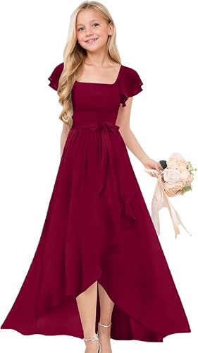 Junior Bridesmaid Dress for Wedding Chiffon Short Sleeve A Line High Low Flower Girl Dresses for Girls TJ26 13