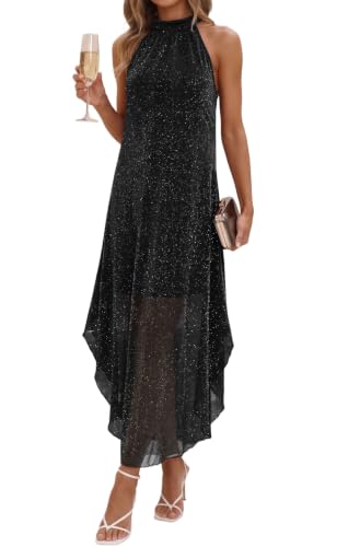 oten High End Sleeveless Sparkly Flowy Cocktail Wedding Guest Dress Black L