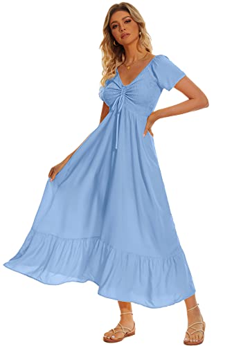 Sanmuzi Sexy Off the Shoulder Empire Waist Maxi Dress for Women Summer Short Sleeve Boho Beach Dress for Wedding Guest