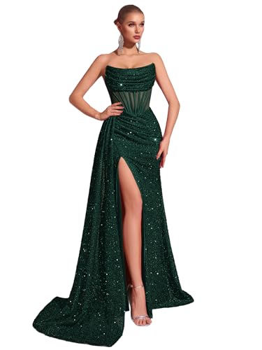Cocktail Evening Gowns Formal Dresses for Women Sequin Tulle Wedding Guest Party Sexy Off Shoulder Floor Length Prom Dress Green-XL