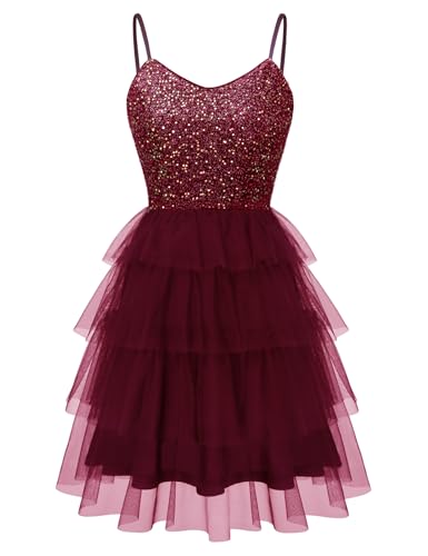 Dressystar 2026 Women's Sequin Prom Mini Homecoming Dresses Dark Red S