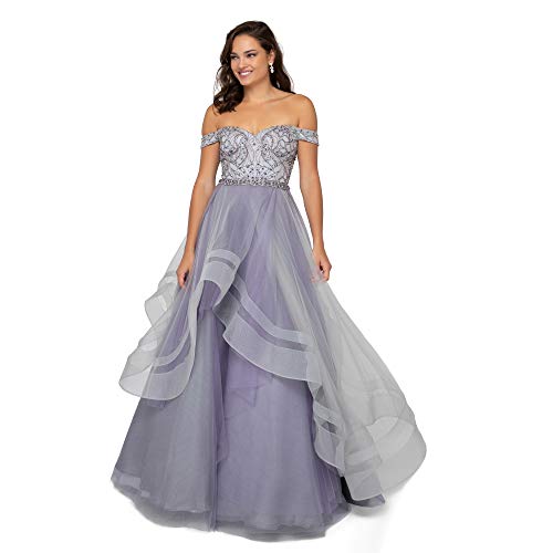 Terani Couture Whimsical Off-Shoulder Layered Long Ball Gown (0) Silver Lilac