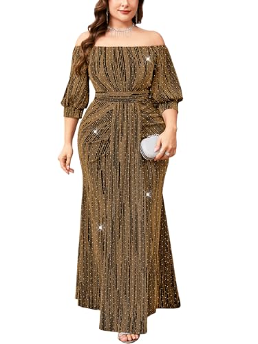 TIARALY Plus Size Sparkly Formal Dress Off Shoulder Puff Sleeve Mermaid Maxi Dresses Cocktail Wedding Party Evening Gown, Black & Gold, 3X