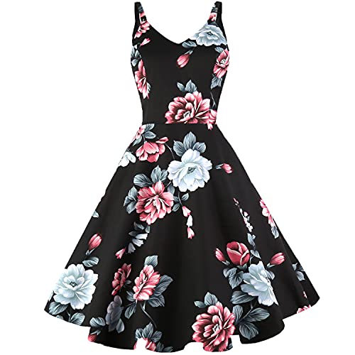 GOOBGS Women's Vintage Spaghetti Strap Cocktail Dresses Blk Pin Flower XS