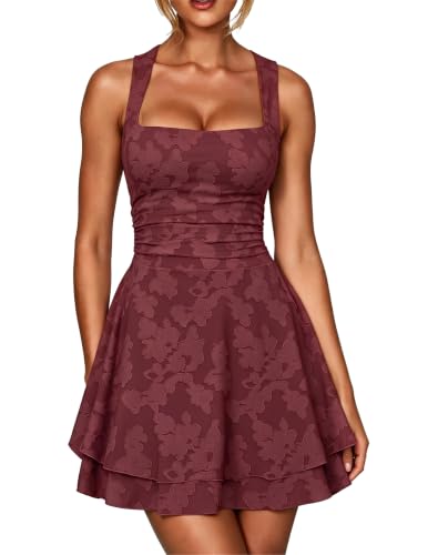 Kaximil Women's Square Neck Floral Ruffle A Line Mini Dress, XS, Wine Red