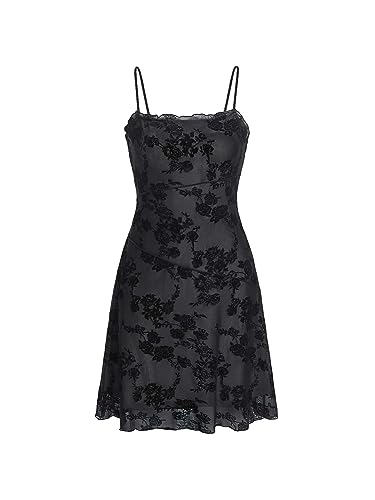 Verdusa Women's Mini Dress Floral Spaghetti Strap Mesh Short Dresses Going Out Sundress Y2k Gothic Clothes Black Multi Small