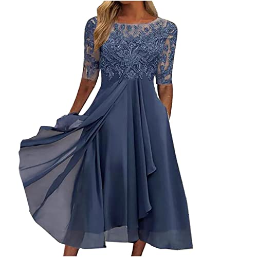 Mother of The Groom Dresses for Wedding Lace Appliques Short Sleeves High Low Crew Neck Chiffon Formal Evening Dress