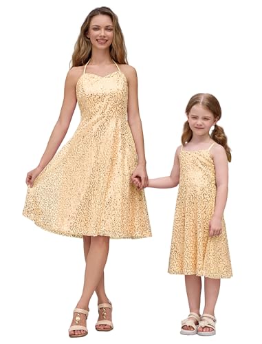 AWIBMK Mommy and Me Dress Spaghetti Strap Mother Daughter Matching Sequin Dress Holiday Party Prom Wedding Evening Gown Champagne L